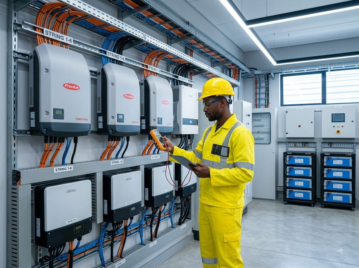 Ecosun engineer inspecting solar installation equipment